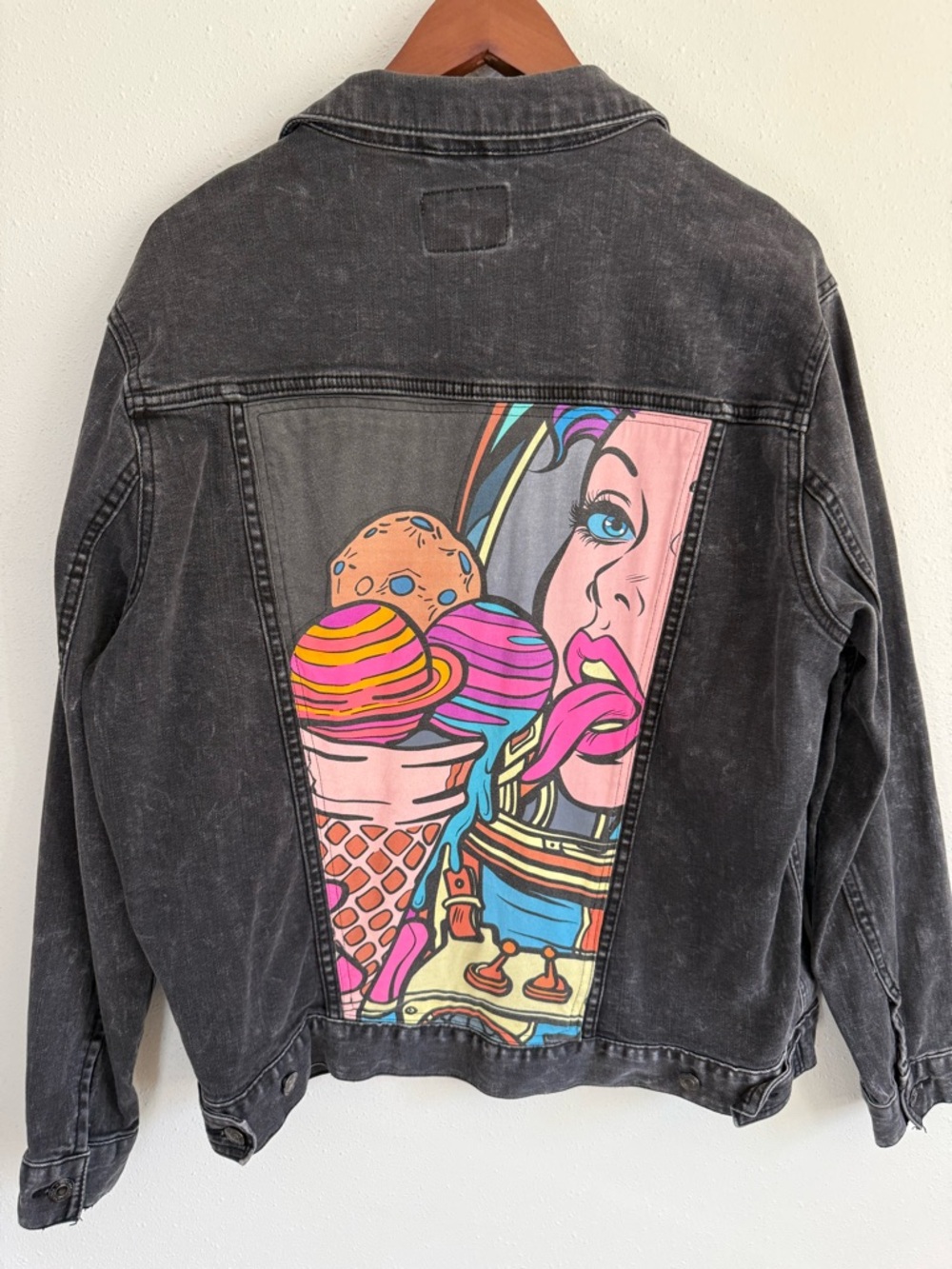 Black Denim Pop Art Graphic Jacket Ice Cream Statement Large - Picture 6 of 7